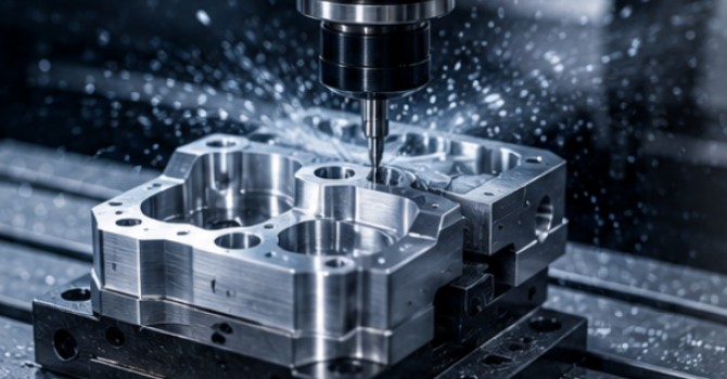 Husillo CNC mecanizando una cavidad de aluminio.