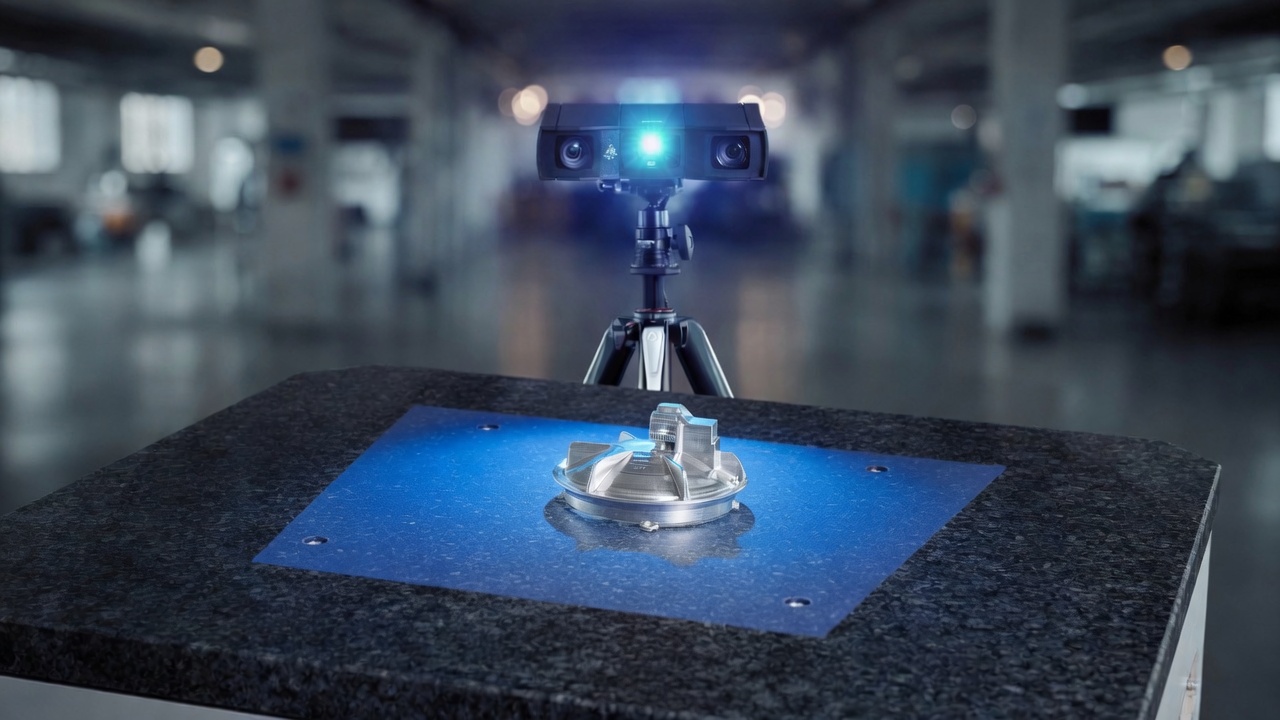 Sensor con el foco azul encendido, iluminando una pieza suelta sobre la placa de mármol.