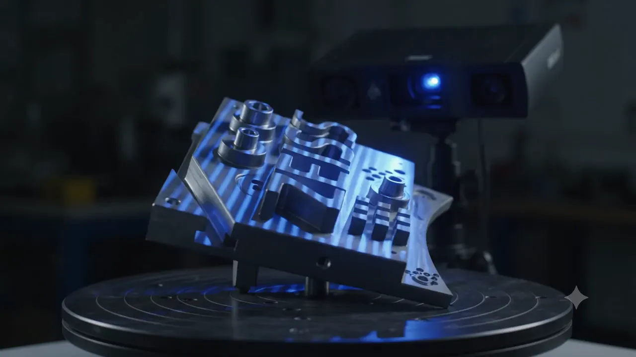 Escaneo 3D de una pieza metálica con sensor de luz estructurada.
